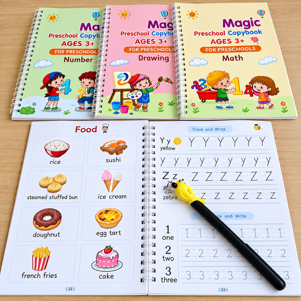 Magic Practice Copybook Set – 4 Books with Pen Grip & 10 Refills