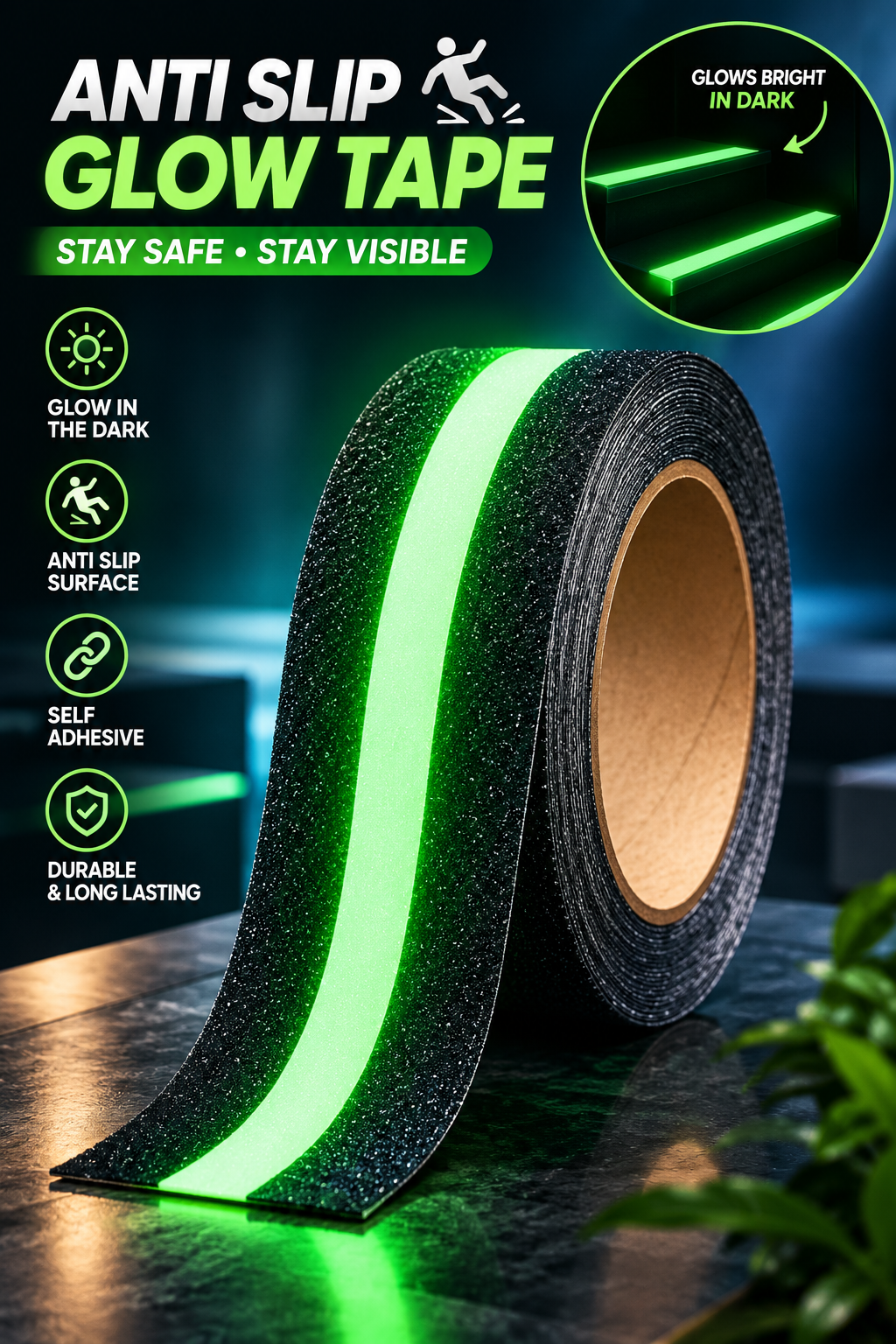 Anti-Slip Glow Tape 5 Meter (Pack of 1) – Glow in the Dark Self-Adhering Safety Tape