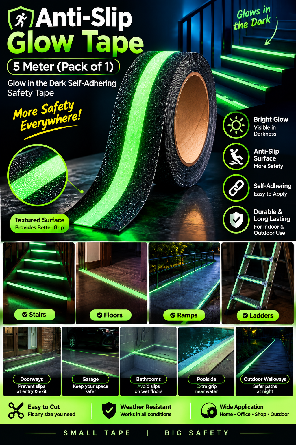 Anti-Slip Glow Tape 5 Meter (Pack of 1) – Glow in the Dark Self-Adhering Safety Tape