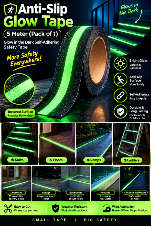 Anti-Slip Glow Tape 5 Meter (Pack of 1) – Glow in the Dark Self-Adhering Safety Tape